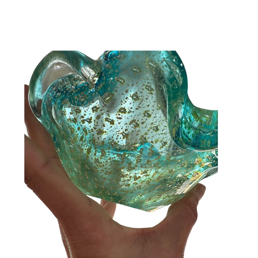 Vtg Murano Bollinato Blue Metallic Gold Fleck Scalloped Art Glass Bowl Ashtray - Picture 4 of 16